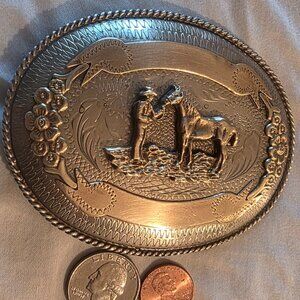 Vintage Metal Belt Buckle, Brass and Silver Nice Cowboy Talking to His Horse